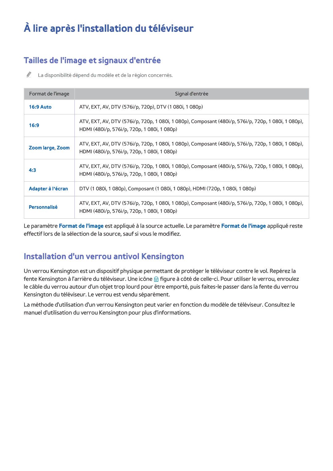 Samsung UE50J6100AWXZF, UE49J5200AWXZF manual Lire après linstallation du téléviseur, Tailles de limage et signaux dentrée 