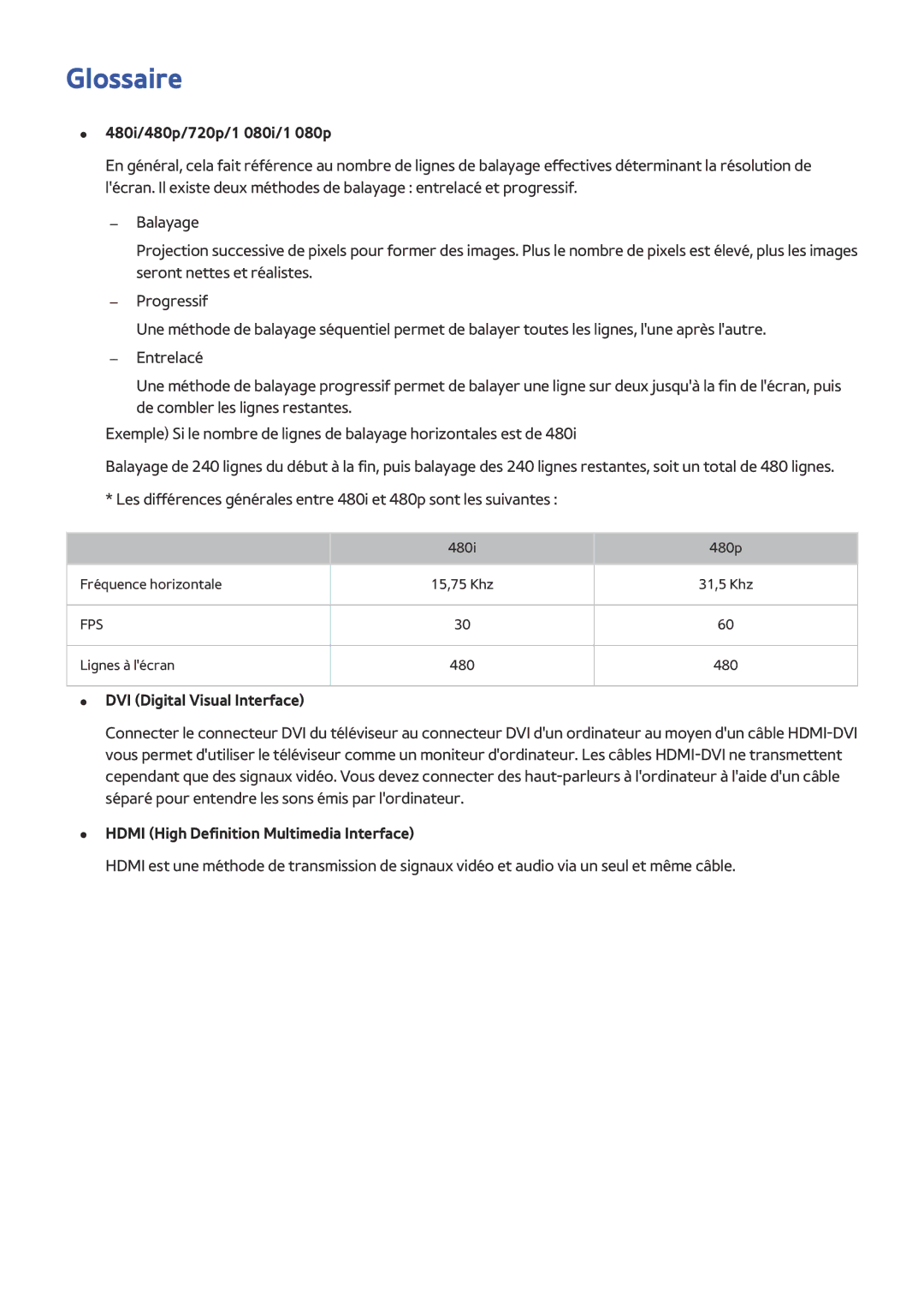 Samsung UE48J5200AWXZF, UE49J5200AWXZF manual Glossaire, 480i/480p/720p/1 080i/1 080p, DVI Digital Visual Interface 