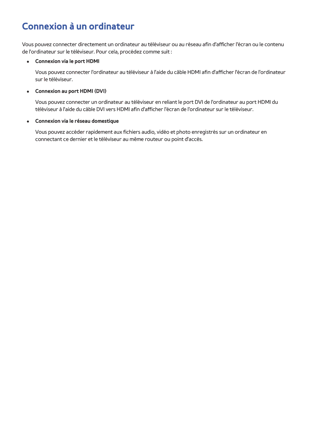 Samsung UE49J5200AWXZF, UE48J5200AWXZF Connexion à un ordinateur, Connexion via le port Hdmi, Connexion au port Hdmi DVI 