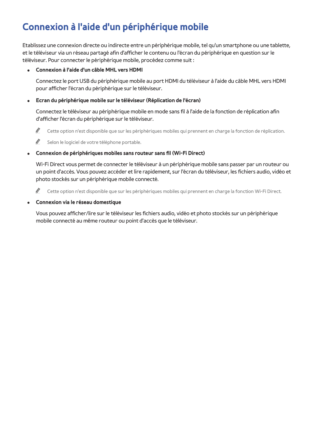 Samsung UE58J5200AWXZF manual Connexion à laide dun périphérique mobile, Connexion à laide dun câble MHL vers Hdmi 