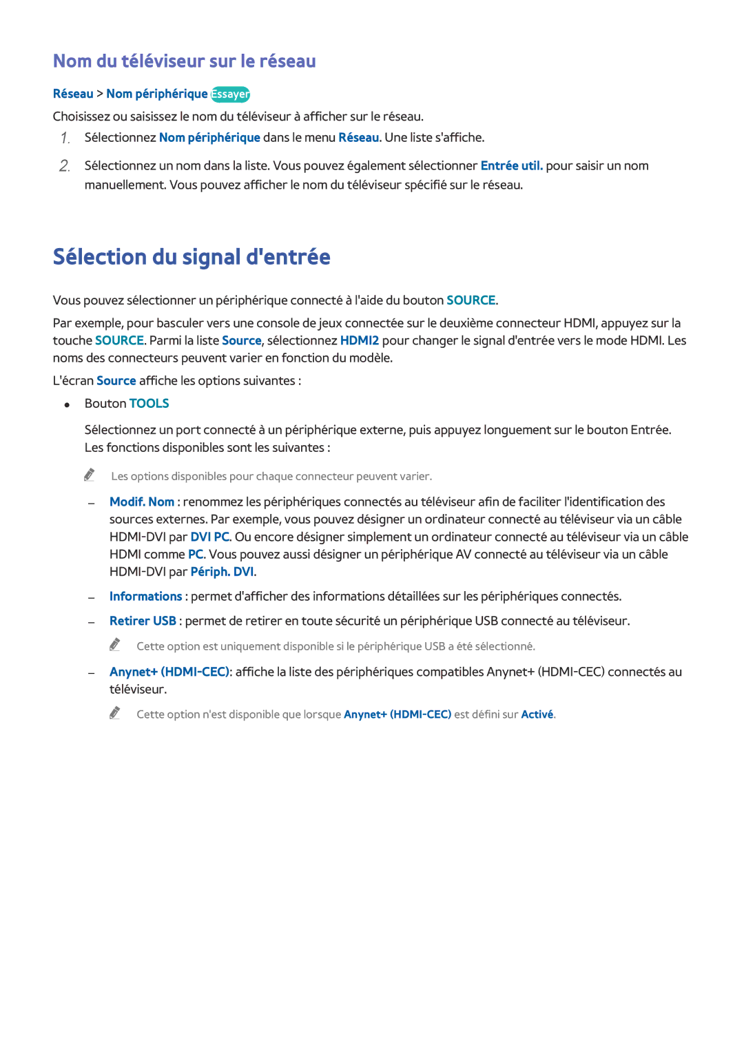 Samsung UE50J6100AWXZF manual Sélection du signal dentrée, Nom du téléviseur sur le réseau, Réseau Nom périphérique Essayer 