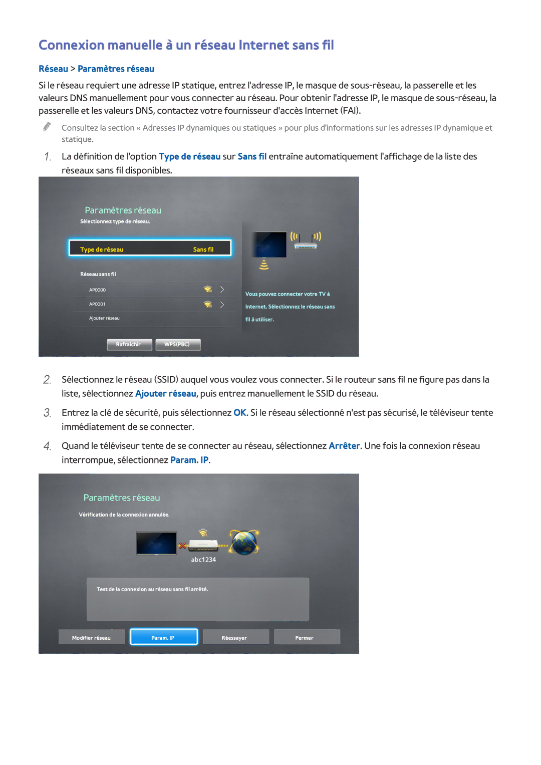 Samsung UE50J6100AWXZF, UE49J5200AWXZF manual Connexion manuelle à un réseau Internet sans fil, Type de réseau Sans fil 