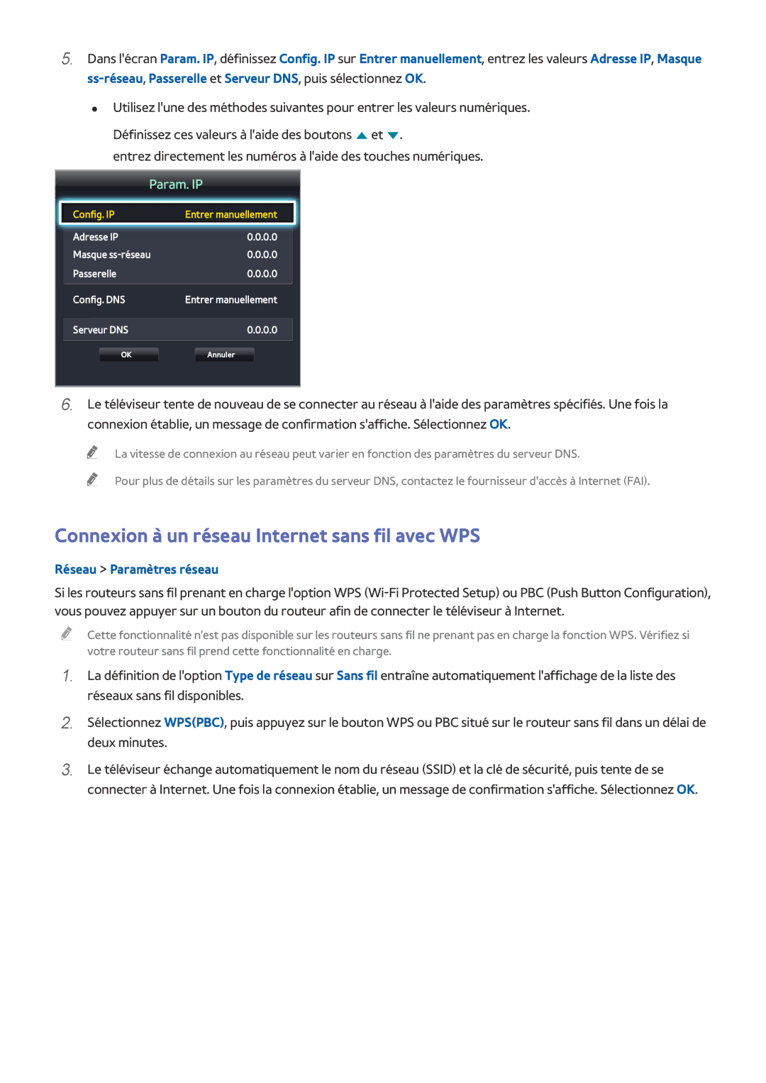 Samsung UE58J5200AWXZF, UE49J5200AWXZF, UE48J5200AWXZF, UE32J4500AWXZF manual Connexion à un réseau Internet sans fil avec WPS 