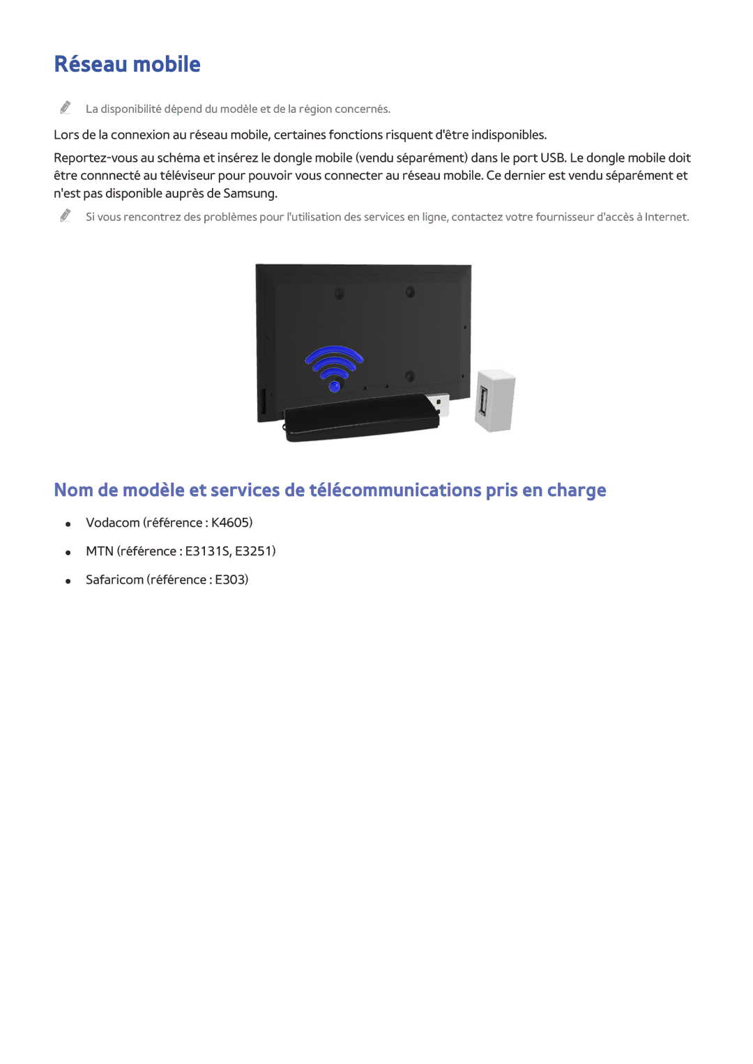 Samsung UE32J4500AWXZF, UE49J5200AWXZF, UE48J5200AWXZF, UE50J6100AWXZF, UE58J5200AWXZF manual Réseau mobile 