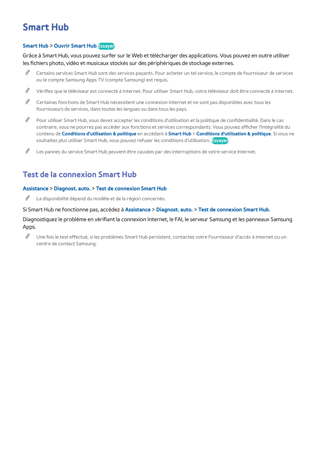 Samsung UE58J5200AWXZF, UE49J5200AWXZF manual Test de la connexion Smart Hub, Smart Hub Ouvrir Smart Hub Essayer 