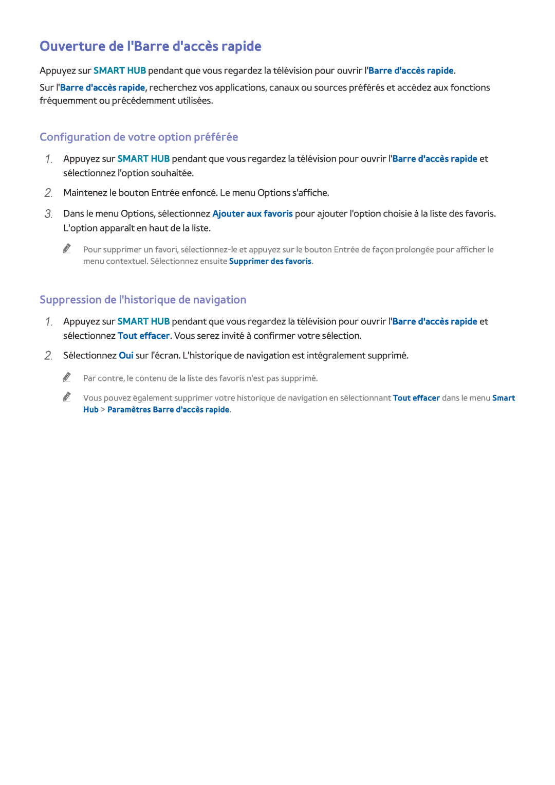 Samsung UE49J5200AWXZF, UE48J5200AWXZF manual Ouverture de lBarre daccès rapide, Configuration de votre option préférée 