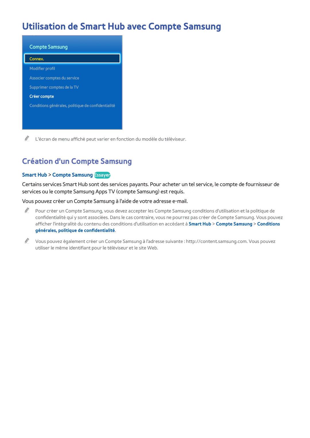 Samsung UE32J4500AWXZF, UE49J5200AWXZF manual Utilisation de Smart Hub avec Compte Samsung, Création dun Compte Samsung 