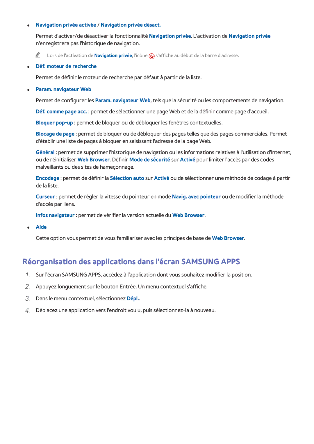 Samsung UE32J4500AWXZF manual Réorganisation des applications dans lécran Samsung Apps, Déf. moteur de recherche, Aide 