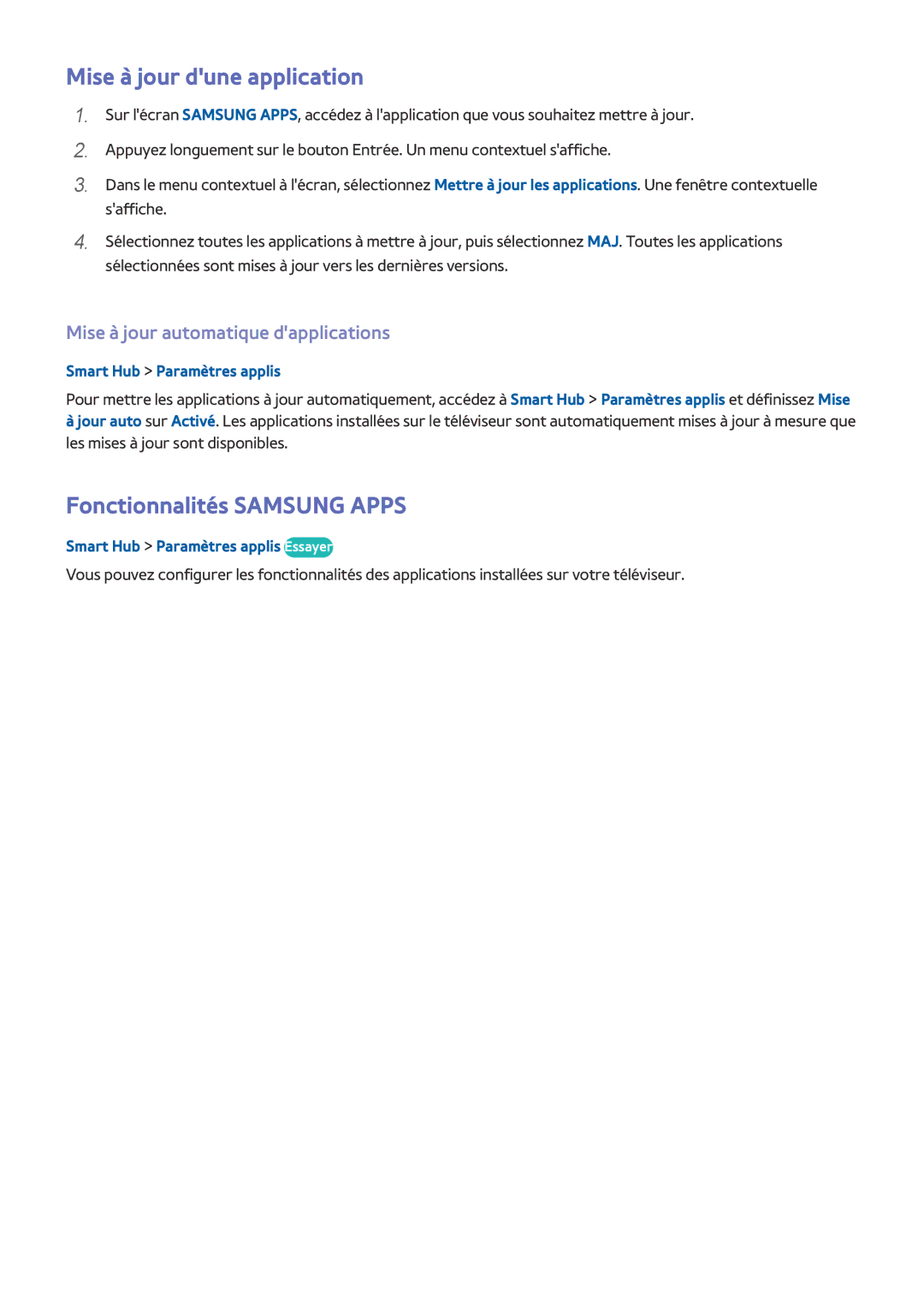 Samsung UE58J5200AWXZF Mise à jour dune application, Fonctionnalités Samsung Apps, Mise à jour automatique dapplications 