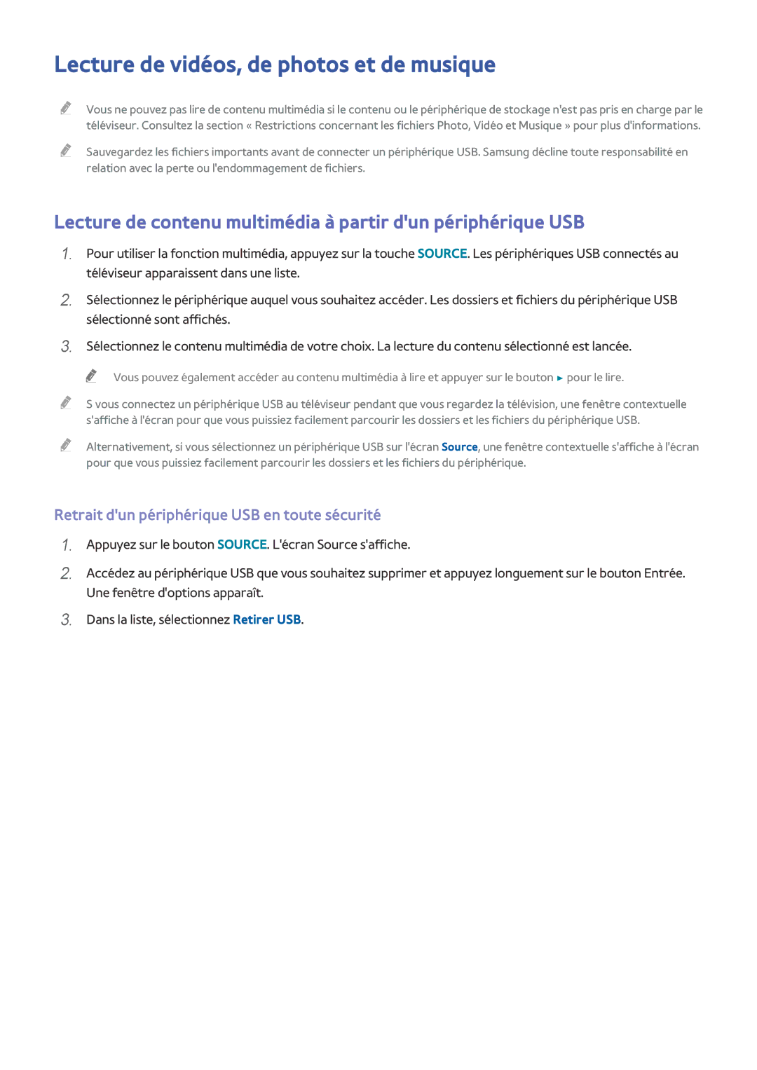 Samsung UE48J5200AWXZF manual Lecture de vidéos, de photos et de musique, Retrait dun périphérique USB en toute sécurité 