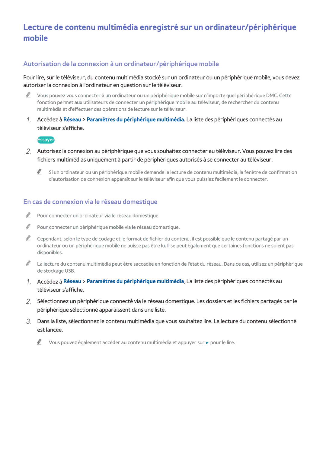 Samsung UE32J4500AWXZF, UE49J5200AWXZF, UE48J5200AWXZF, UE50J6100AWXZF manual En cas de connexion via le réseau domestique 