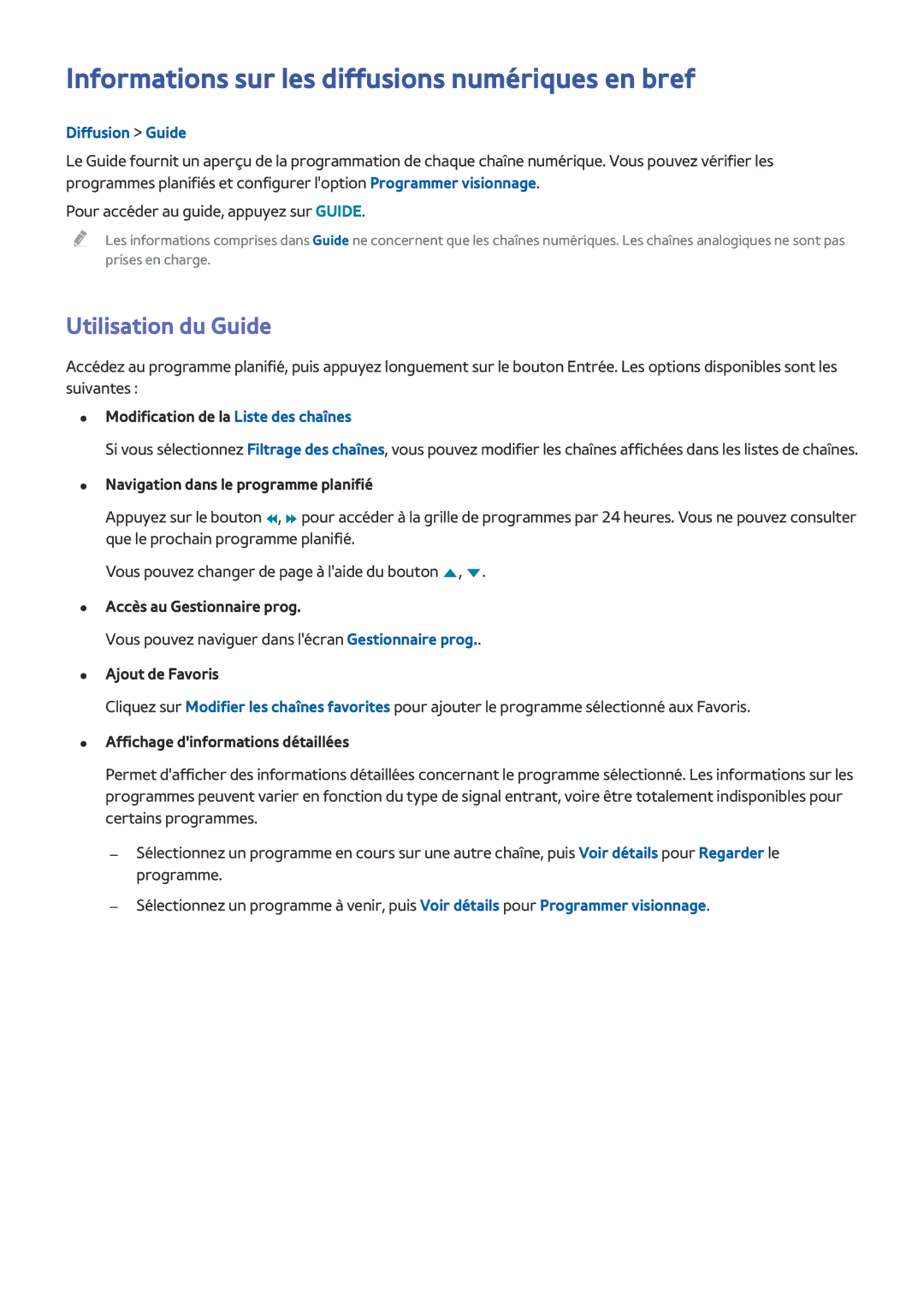 Samsung UE50J6100AWXZF manual Informations sur les diffusions numériques en bref, Utilisation du Guide, Diffusion Guide 