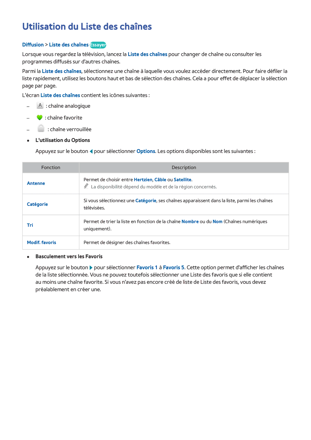 Samsung UE32J4500AWXZF Utilisation du Liste des chaînes, Diffusion Liste des chaînes Essayer, Lutilisation du Options 