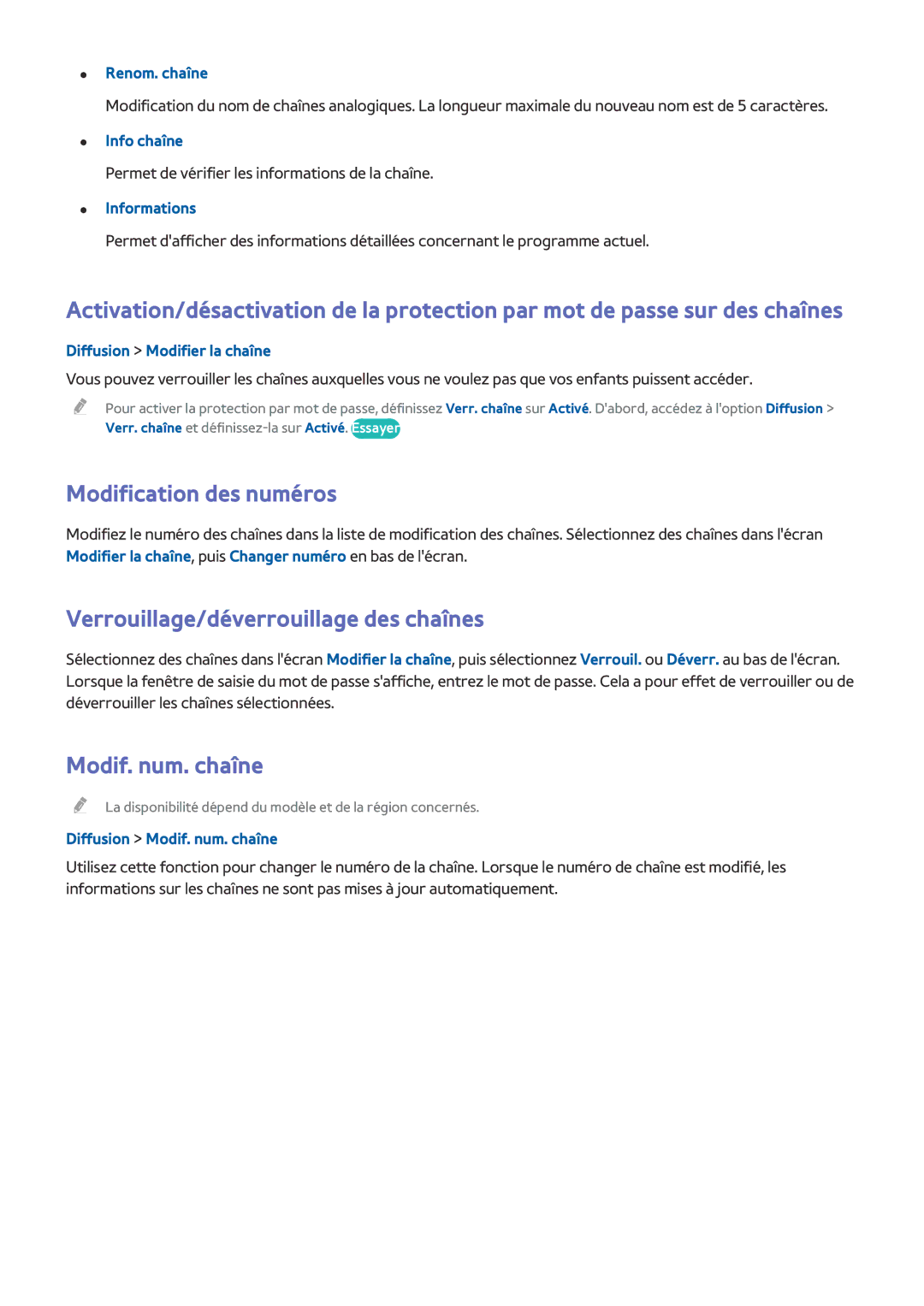 Samsung UE58J5200AWXZF manual Modification des numéros, Verrouillage/déverrouillage des chaînes, Modif. num. chaîne 