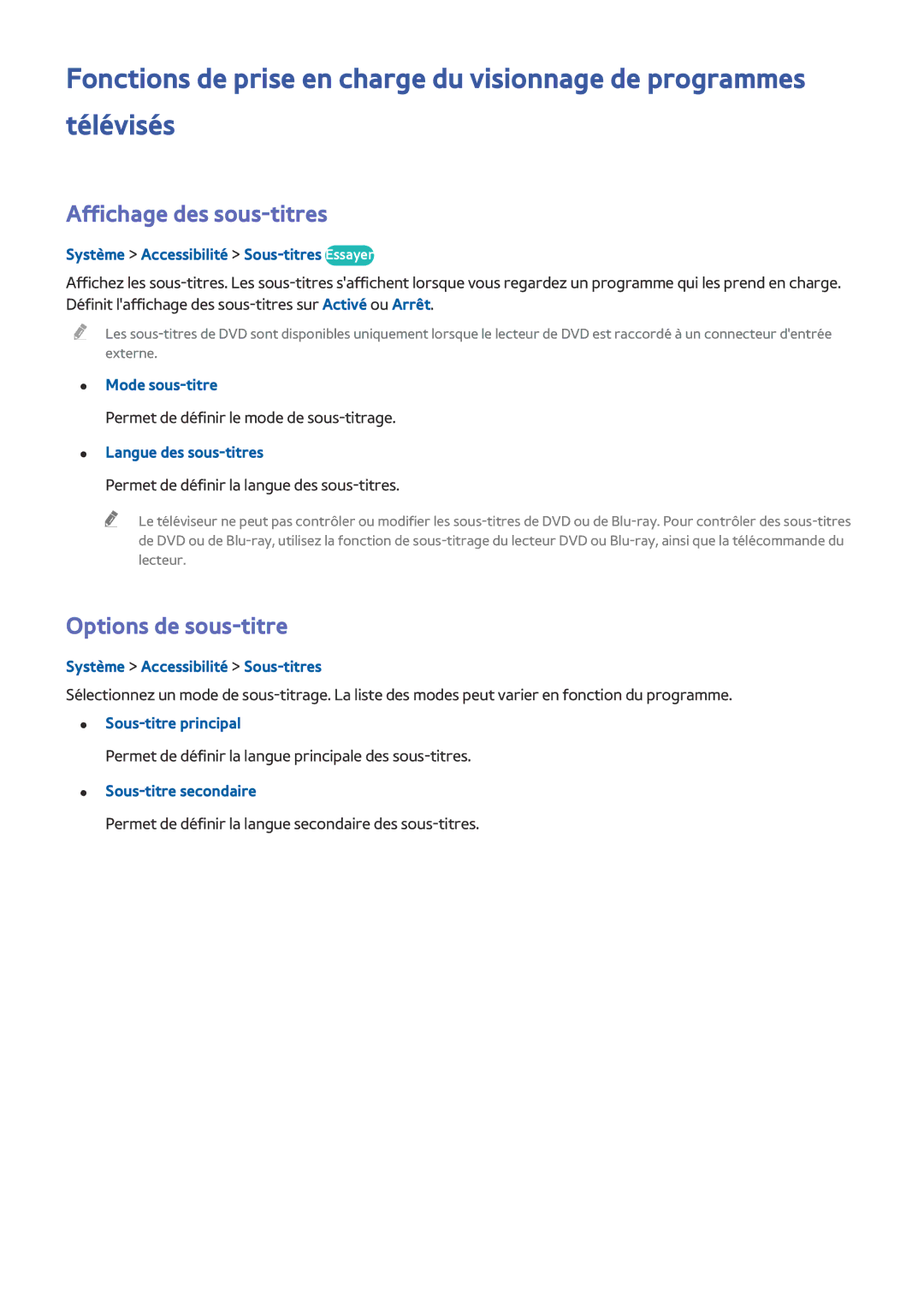 Samsung UE48J5200AWXZF, UE49J5200AWXZF, UE32J4500AWXZF, UE50J6100AWXZF manual Affichage des sous-titres, Options de sous-titre 