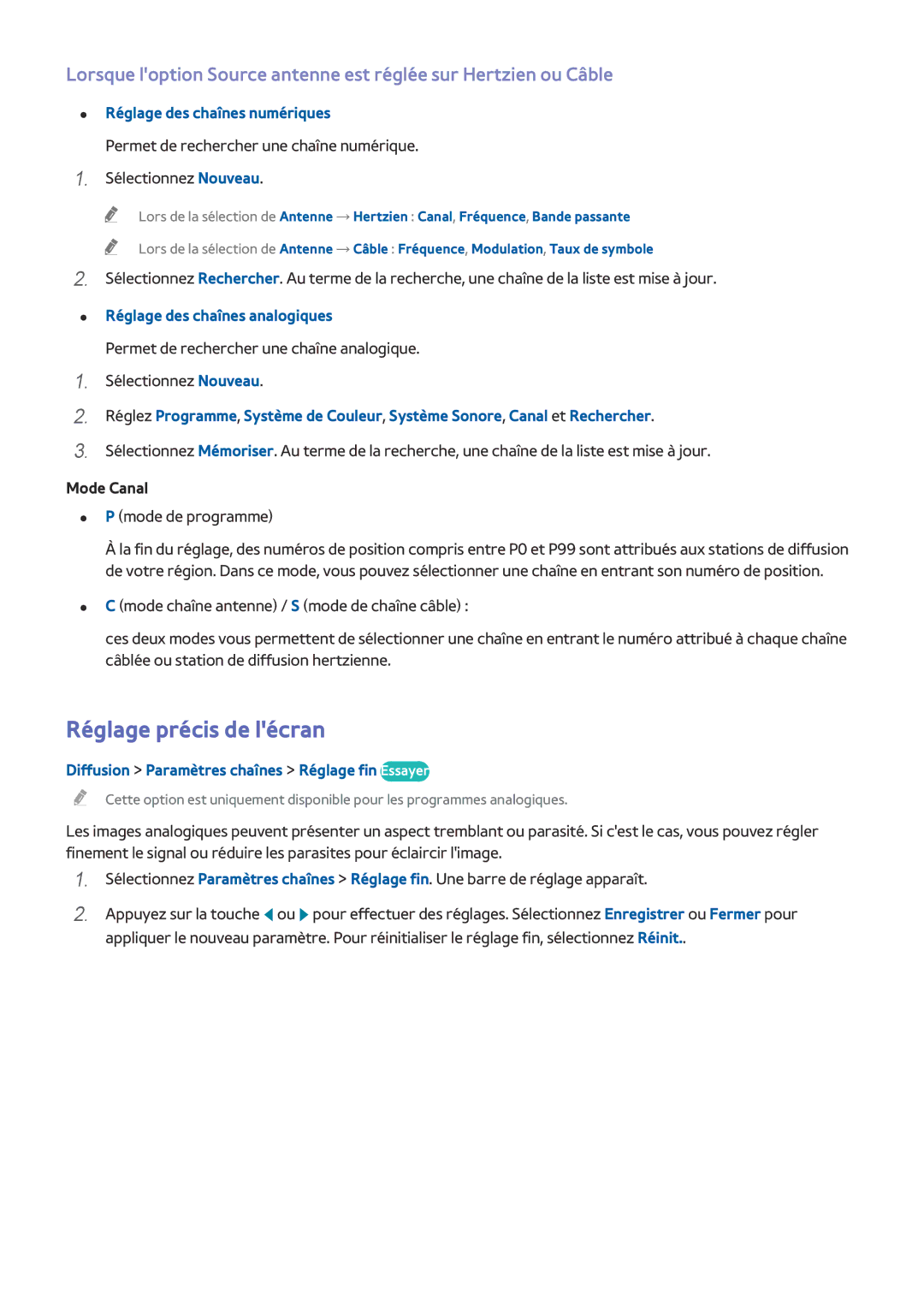 Samsung UE32J4500AWXZF manual Réglage précis de lécran, Réglage des chaînes numériques, Réglage des chaînes analogiques 