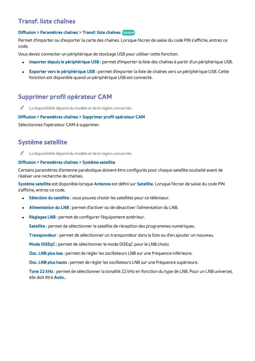 Samsung UE50J6100AWXZF, UE49J5200AWXZF manual Transf. liste chaînes, Supprimer profil opérateur CAM, Système satellite 