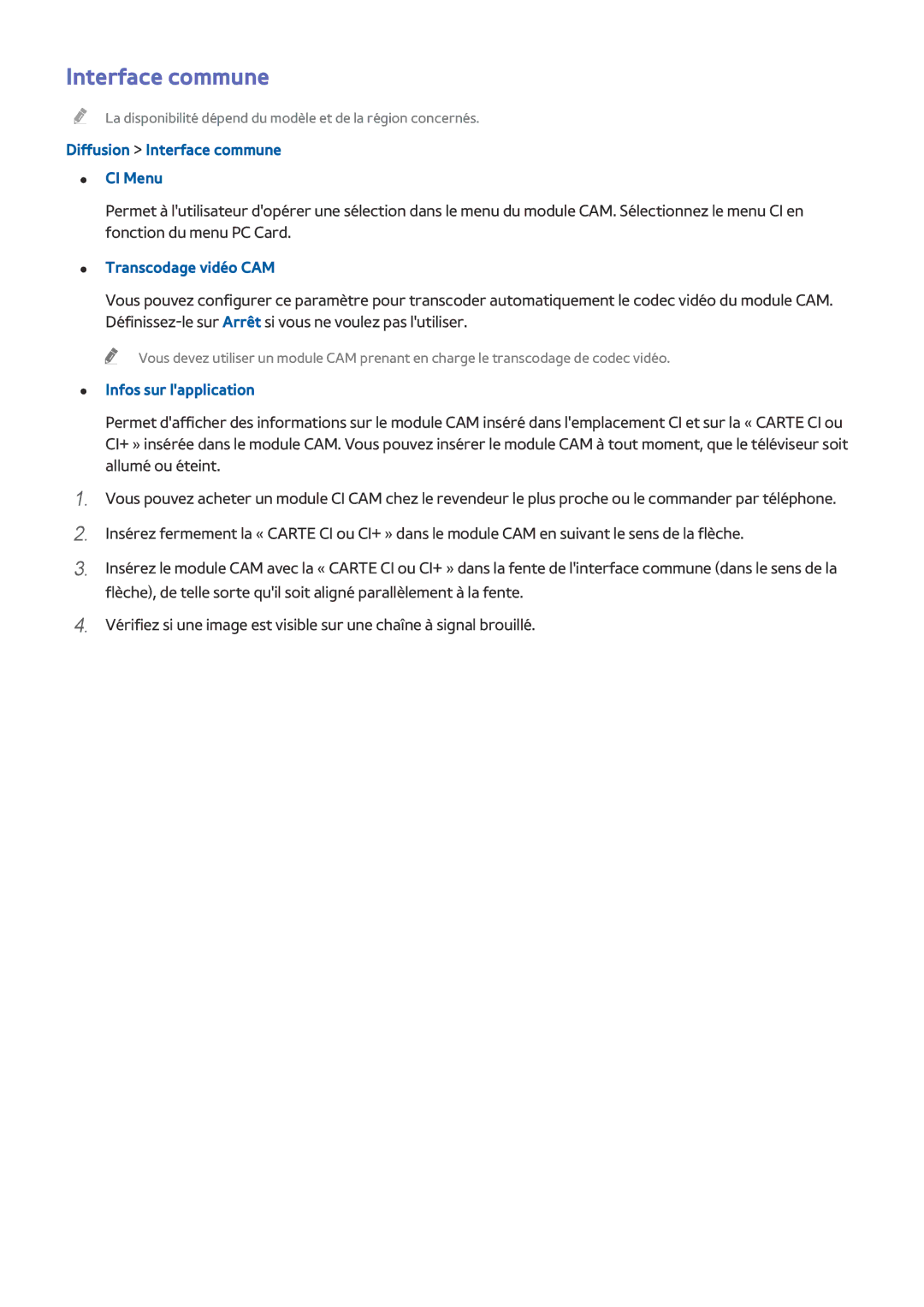 Samsung UE49J5200AWXZF manual Diffusion Interface commune CI Menu, Transcodage vidéo CAM, Infos sur lapplication 