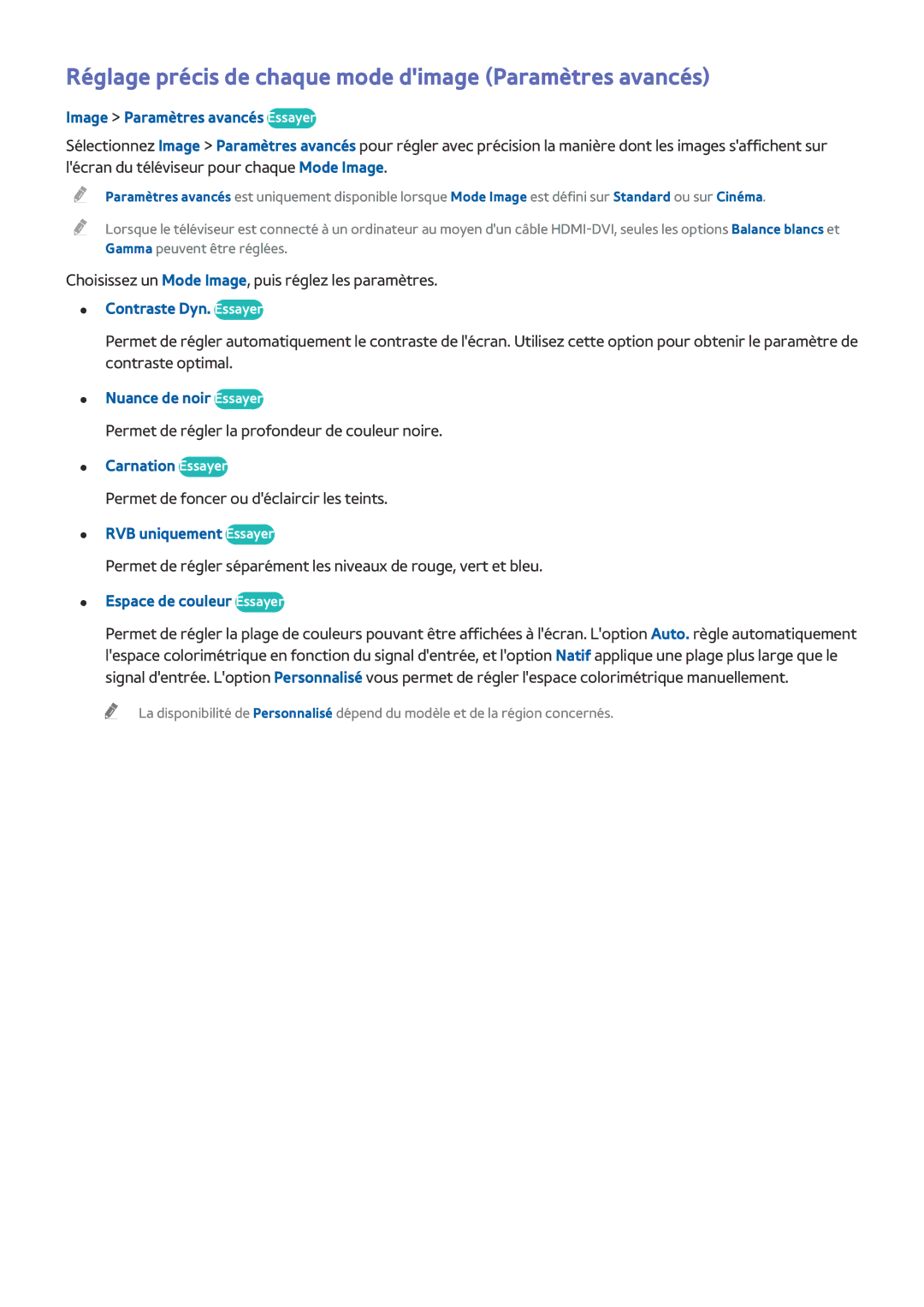 Samsung UE50J6100AWXZF, UE49J5200AWXZF, UE48J5200AWXZF manual Réglage précis de chaque mode dimage Paramètres avancés 
