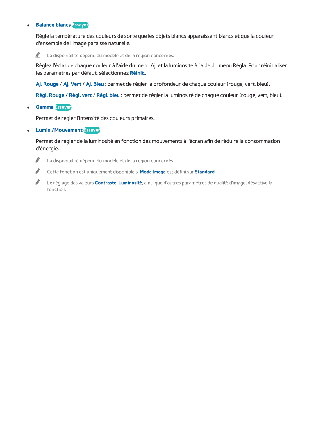 Samsung UE58J5200AWXZF, UE49J5200AWXZF, UE48J5200AWXZF, UE32J4500AWXZF manual Balance blancs Essayer, Lumin./Mouvement Essayer 