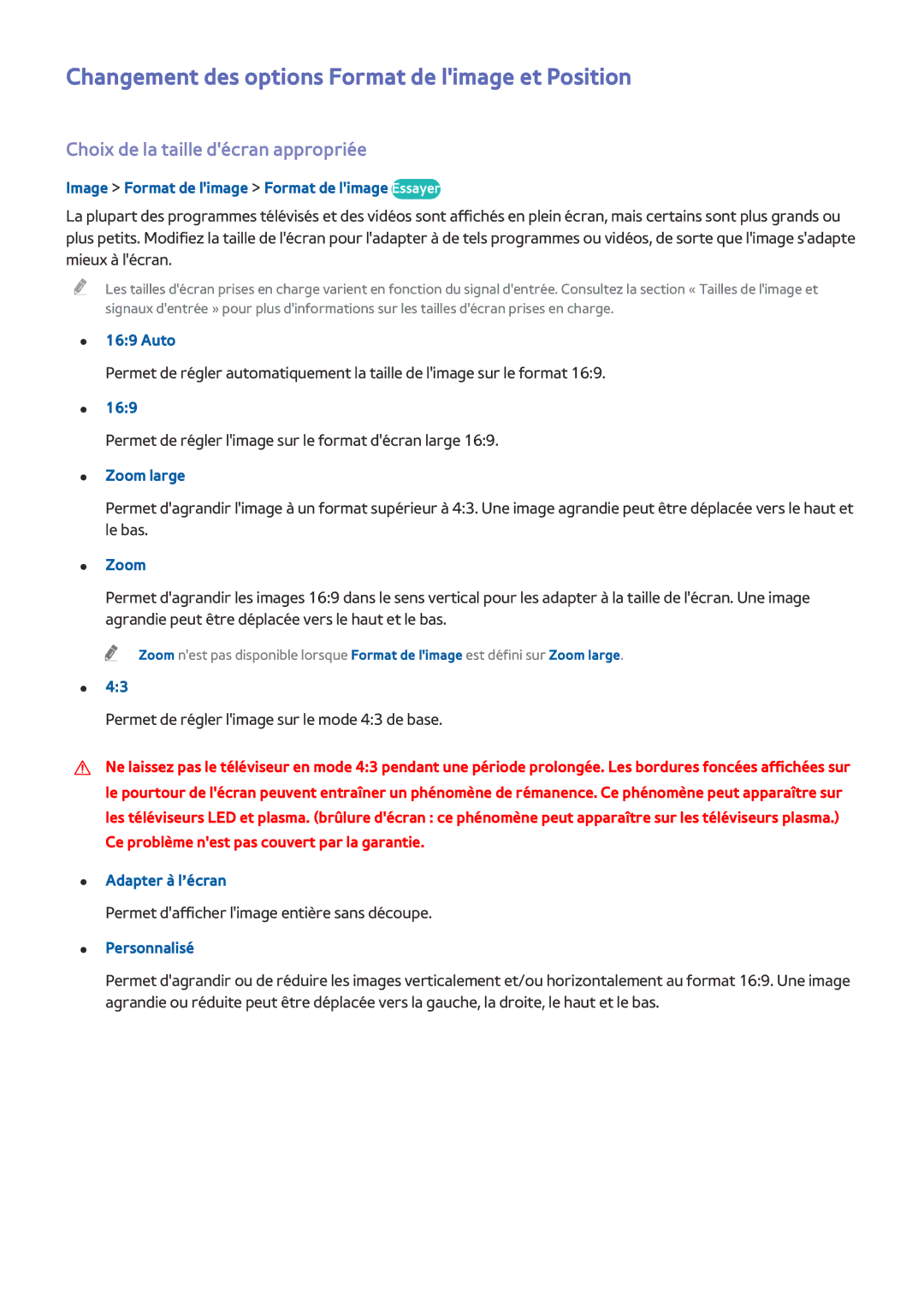 Samsung UE32J4500AWXZF manual Changement des options Format de limage et Position, Choix de la taille décran appropriée 