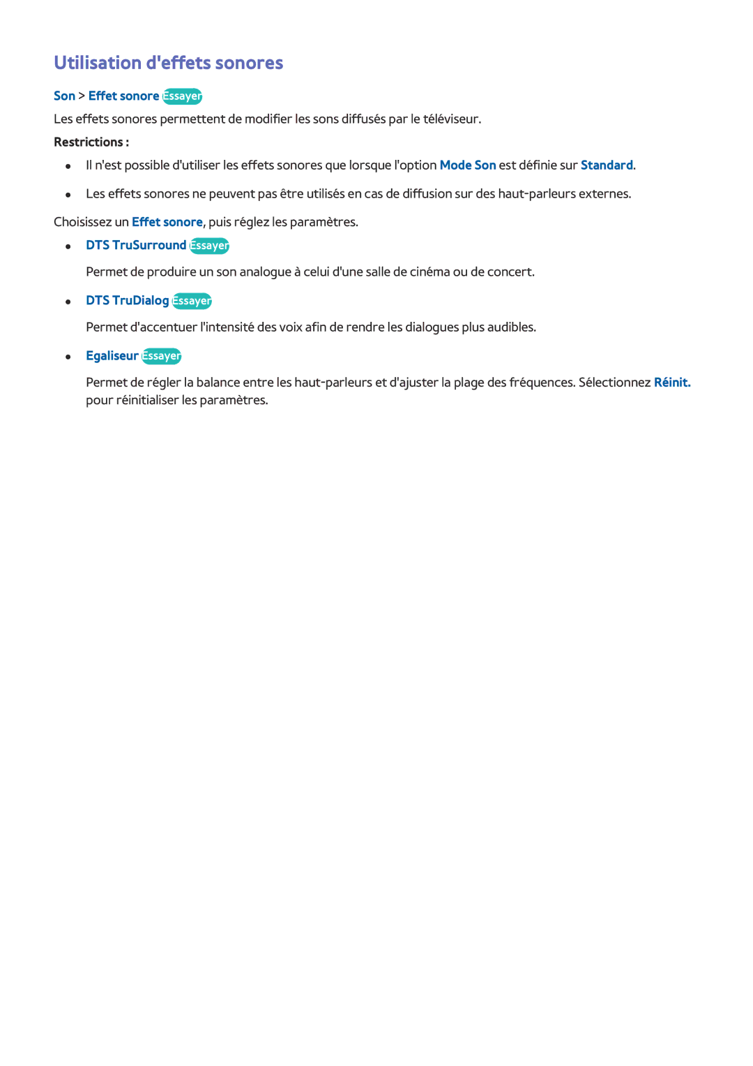 Samsung UE49J5200AWXZF Utilisation deffets sonores, Son Effet sonore Essayer, DTS TruSurround Essayer, Egaliseur Essayer 