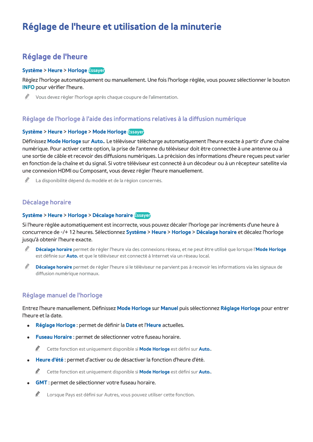 Samsung UE50J6100AWXZF Réglage de lheure et utilisation de la minuterie, Décalage horaire, Réglage manuel de lhorloge 