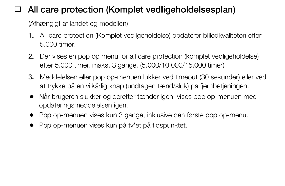 Samsung UE55K5105AKXXE, UE49K5105AKXXE, UE32K5105AKXXE, UE32K4105AKXXE manual All care protection Komplet vedligeholdelsesplan 