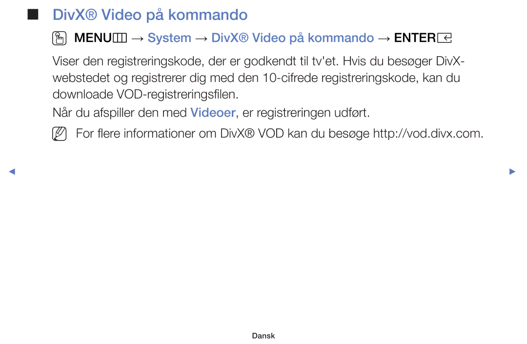 Samsung UE32K5105AKXXE, UE49K5105AKXXE, UE32K4105AKXXE manual OO MENUm → System → DivX Video på kommando → Entere 