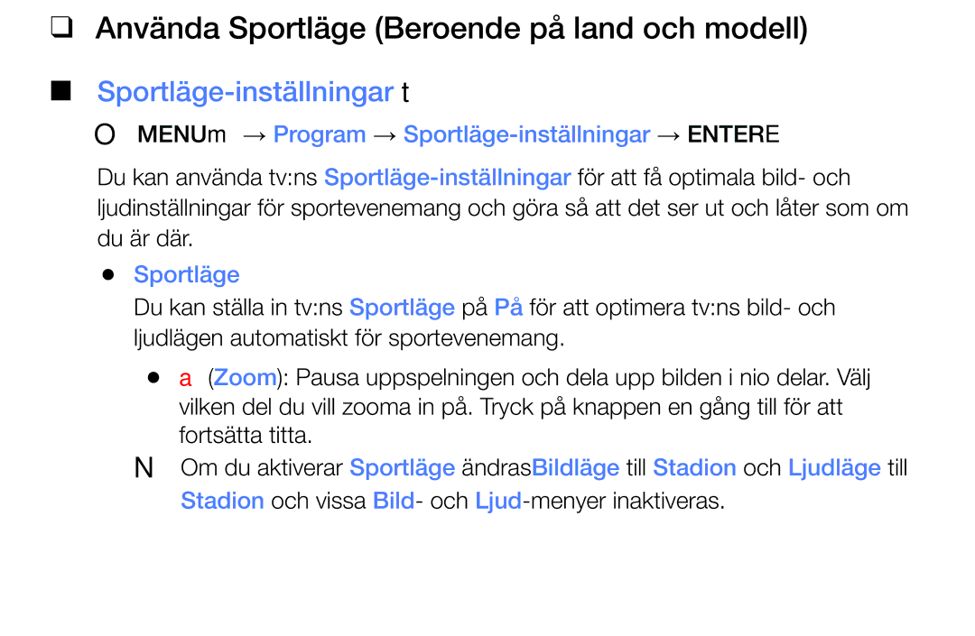 Samsung UE32K5105AKXXE, UE49K5105AKXXE Sportläge-inställningar t, OO MENUm → Program → Sportläge-inställningar → Entere 