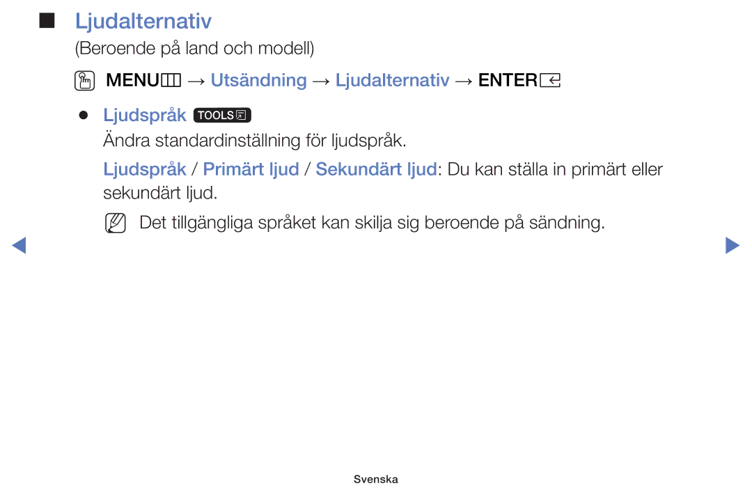 Samsung UE49K5105AKXXE, UE32K5105AKXXE, UE32K4105AKXXE manual OO MENUm → Utsändning → Ljudalternativ → Entere Ljudspråk t 
