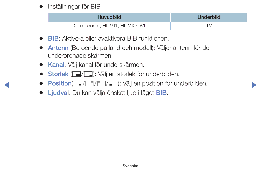 Samsung UE40K5105AKXXE, UE49K5105AKXXE, UE32K5105AKXXE, UE32K4105AKXXE, UE55K5105AKXXE manual Inställningar för BIB 