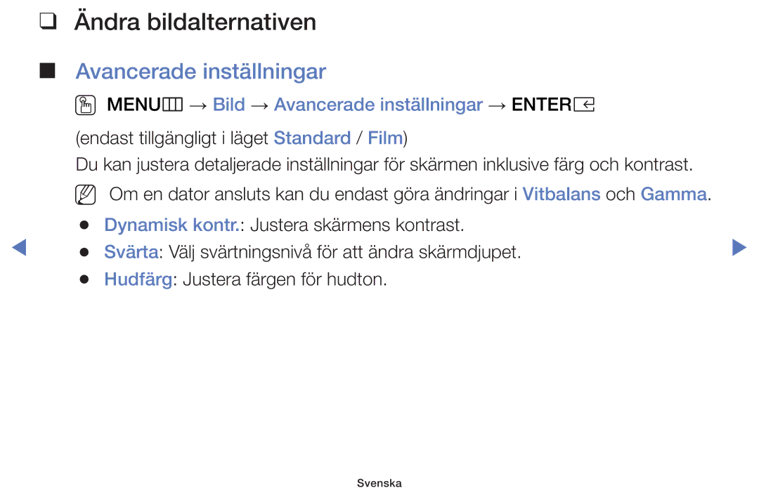 Samsung UE55K5105AKXXE, UE49K5105AKXXE, UE32K5105AKXXE, UE32K4105AKXXE manual Ändra bildalternativen, Avancerade inställningar 