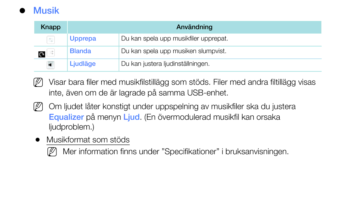 Samsung UE40K5105AKXXE, UE49K5105AKXXE, UE32K5105AKXXE, UE32K4105AKXXE, UE55K5105AKXXE manual Musik 