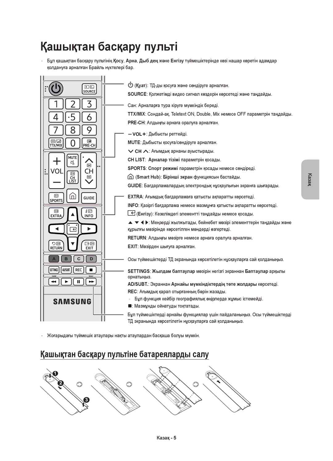 Samsung UE40K5510BUXCE manual Қашықтан басқару пультіне батареяларды салу, CH List Арналар тізімі параметрін қосады 