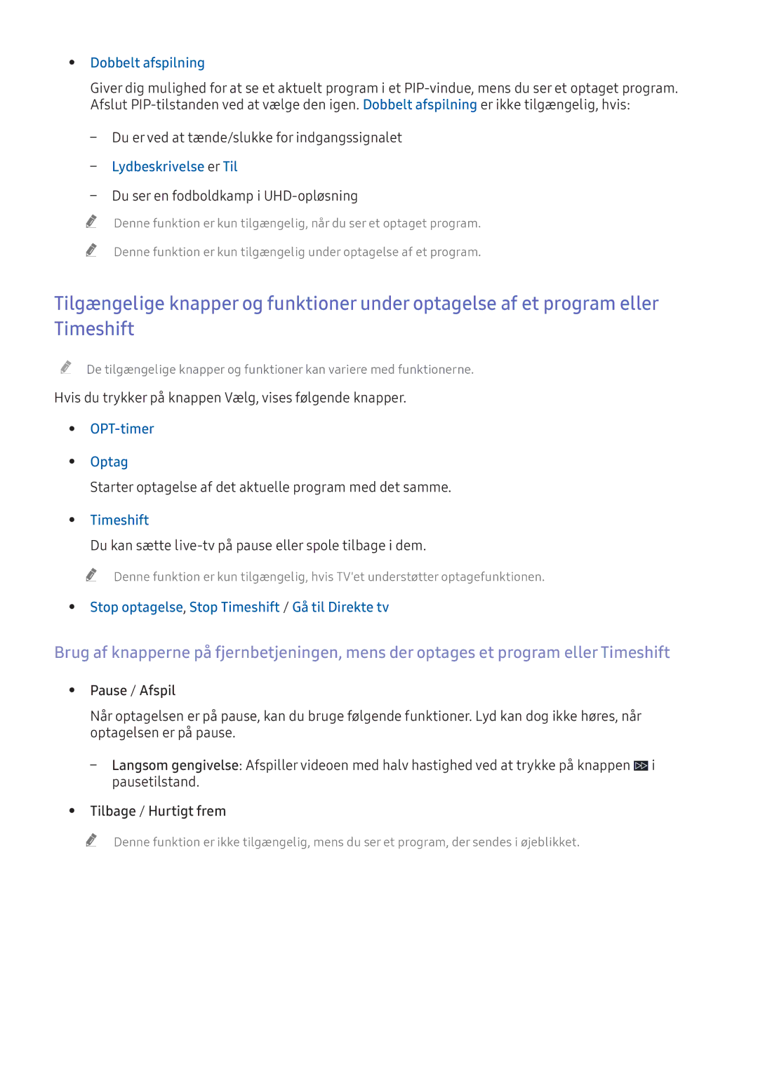 Samsung UE32K5605AKXXE manual Dobbelt afspilning, OPT-timer Optag, Stop optagelse, Stop Timeshift / Gå til Direkte tv 