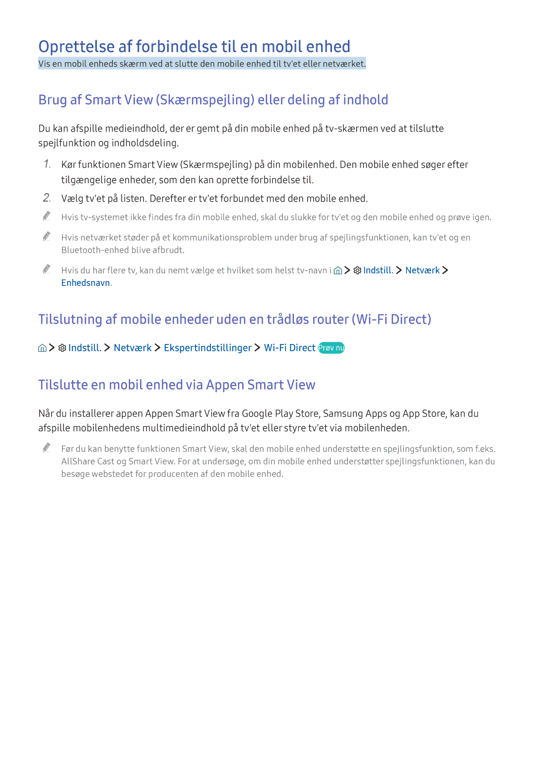 Samsung UE32K5605AKXXE manual Oprettelse af forbindelse til en mobil enhed, Tilslutte en mobil enhed via Appen Smart View 