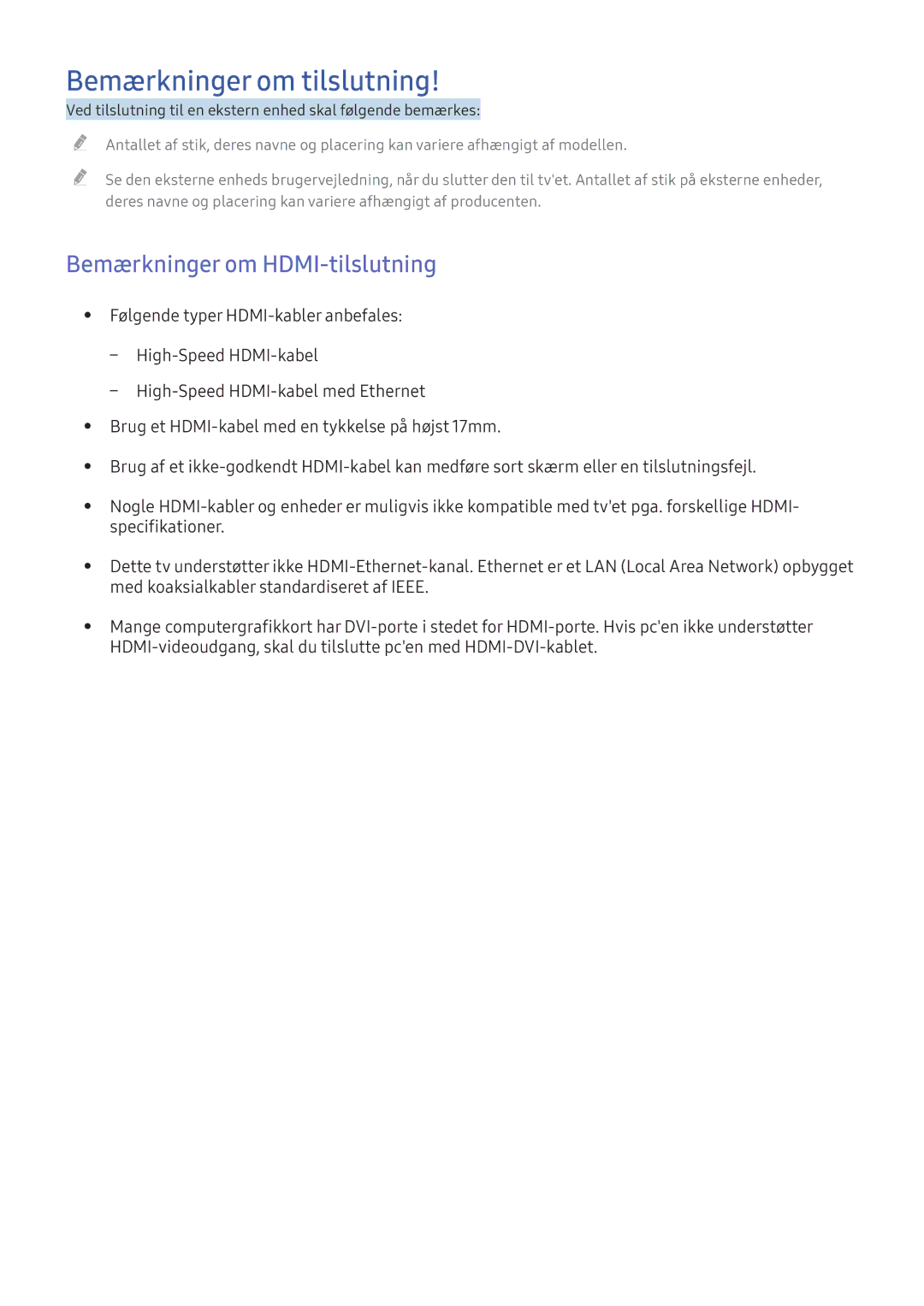 Samsung UE40K5605AKXXE, UE49K5515AKXXE, UE55K5505AKXXE manual Bemærkninger om tilslutning, Bemærkninger om HDMI-tilslutning 