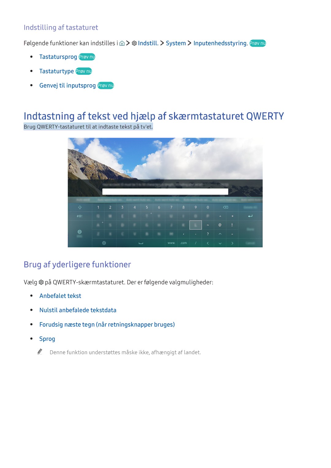 Samsung UE40K5515AKXXE, UE49K5515AKXXE Indtastning af tekst ved hjælp af skærmtastaturet Qwerty, Indstilling af tastaturet 