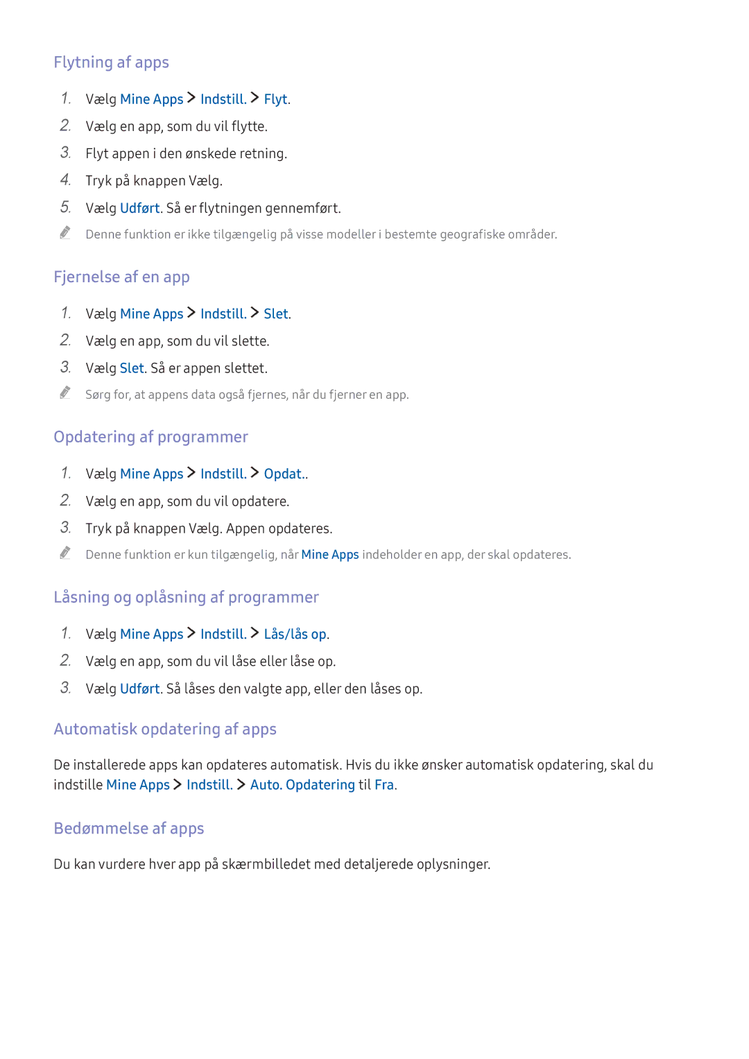 Samsung UE32K5605AKXXE Flytning af apps, Fjernelse af en app, Opdatering af programmer, Låsning og oplåsning af programmer 