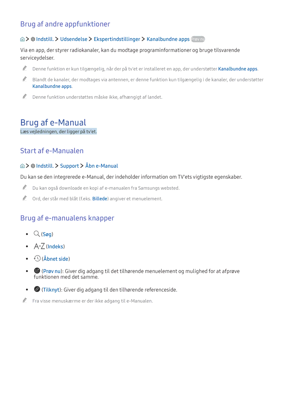 Samsung UE32K5505AKXXE Brug af e-Manual, Brug af andre appfunktioner, Start af e-Manualen, Brug af e-manualens knapper 