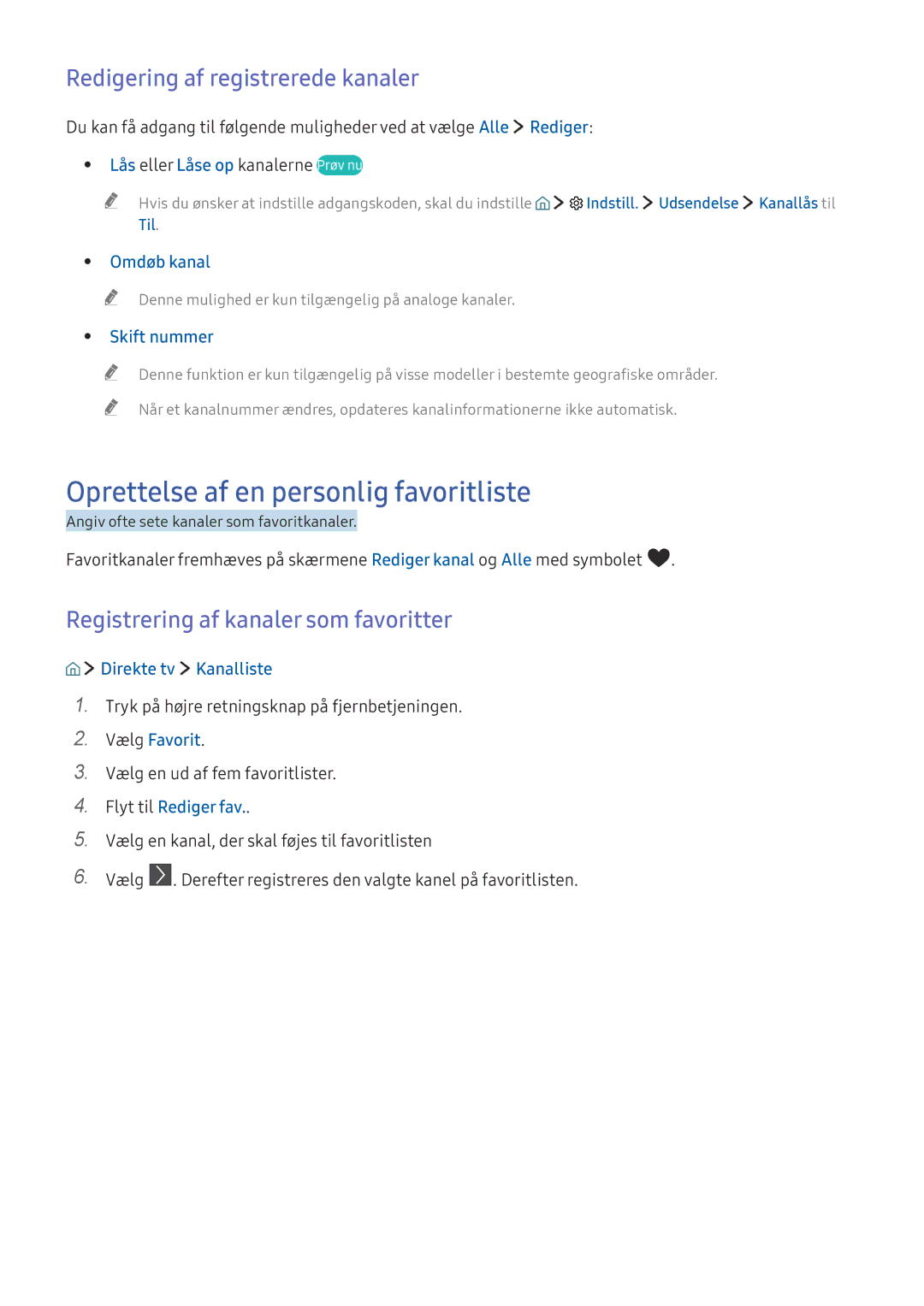 Samsung UE55K5515AKXXE, UE49K5515AKXXE manual Oprettelse af en personlig favoritliste, Redigering af registrerede kanaler 