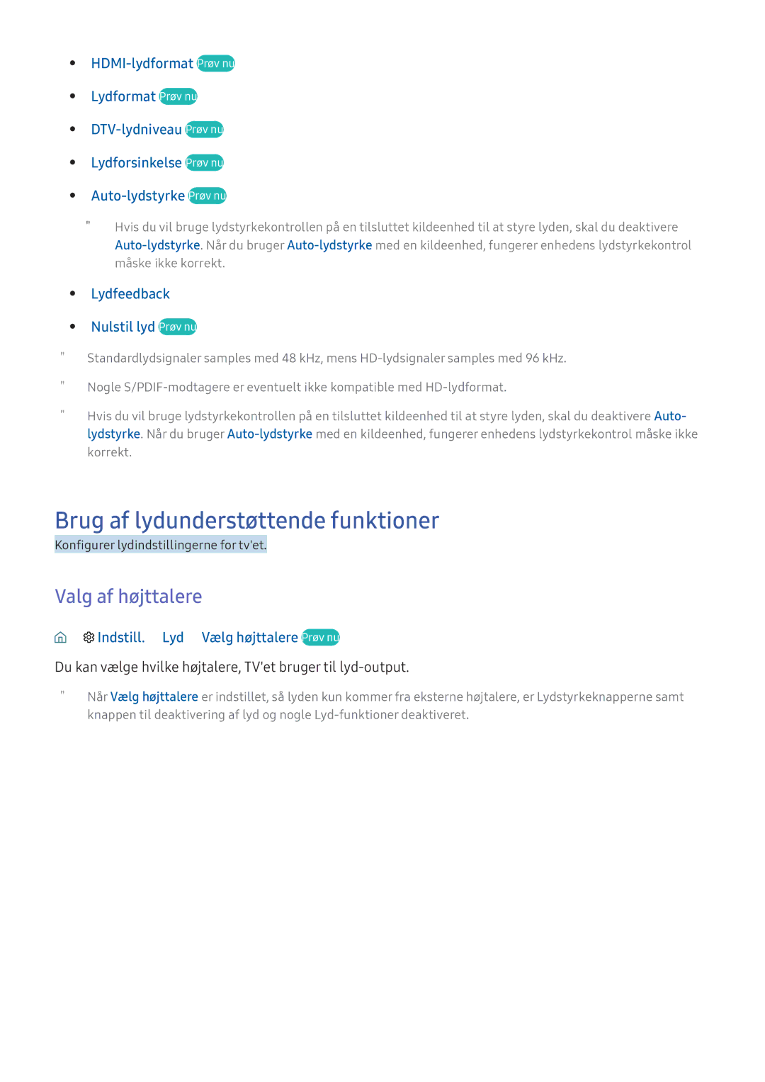 Samsung UE40K5515AKXXE, UE49K5515AKXXE, UE55K5505AKXXE manual Brug af lydunderstøttende funktioner, Valg af højttalere 