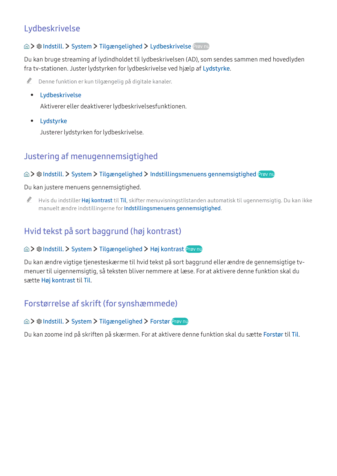 Samsung UE49K5605AKXXE manual Lydbeskrivelse, Justering af menugennemsigtighed, Hvid tekst på sort baggrund høj kontrast 