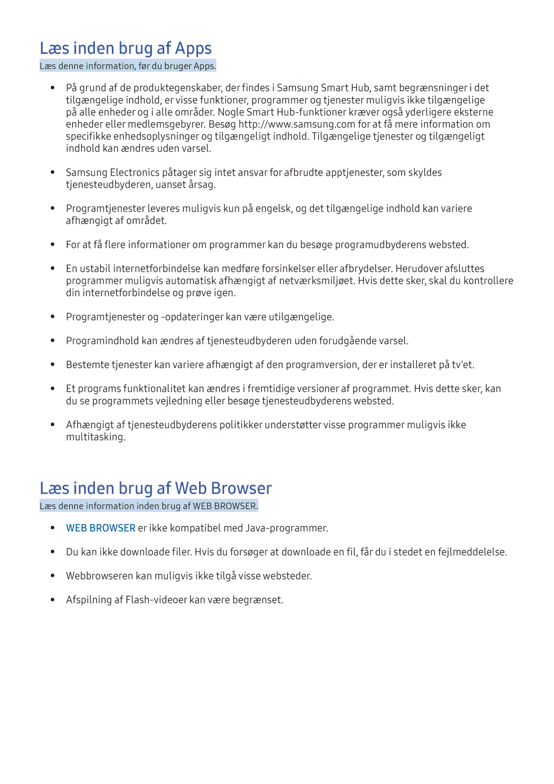 Samsung UE49K5515AKXXE, UE55K5505AKXXE, UE32K5605AKXXE, UE32K5505AKXXE Læs inden brug af Apps, Læs inden brug af Web Browser 