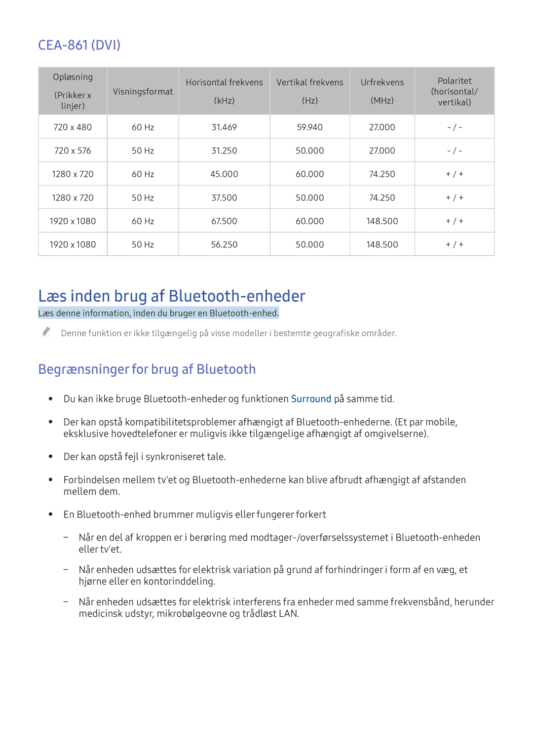 Samsung UE55K5515AKXXE manual Læs inden brug af Bluetooth-enheder, CEA-861 DVI, Begrænsninger for brug af Bluetooth 