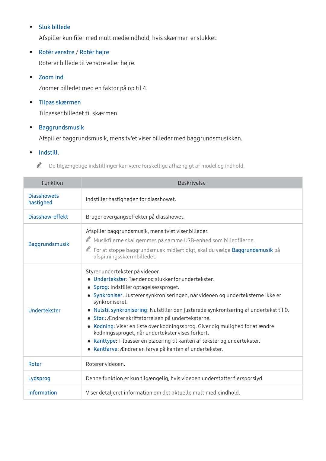 Samsung UE49K5515AKXXE manual Sluk billede, Rotér venstre / Rotér højre, Roterer billede til venstre eller højre, Zoom ind 