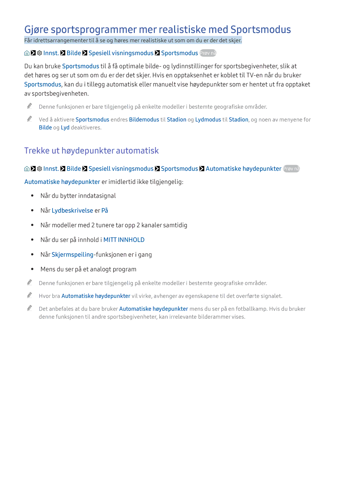 Samsung UE49K5515AKXXE manual Gjøre sportsprogrammer mer realistiske med Sportsmodus, Trekke ut høydepunkter automatisk 