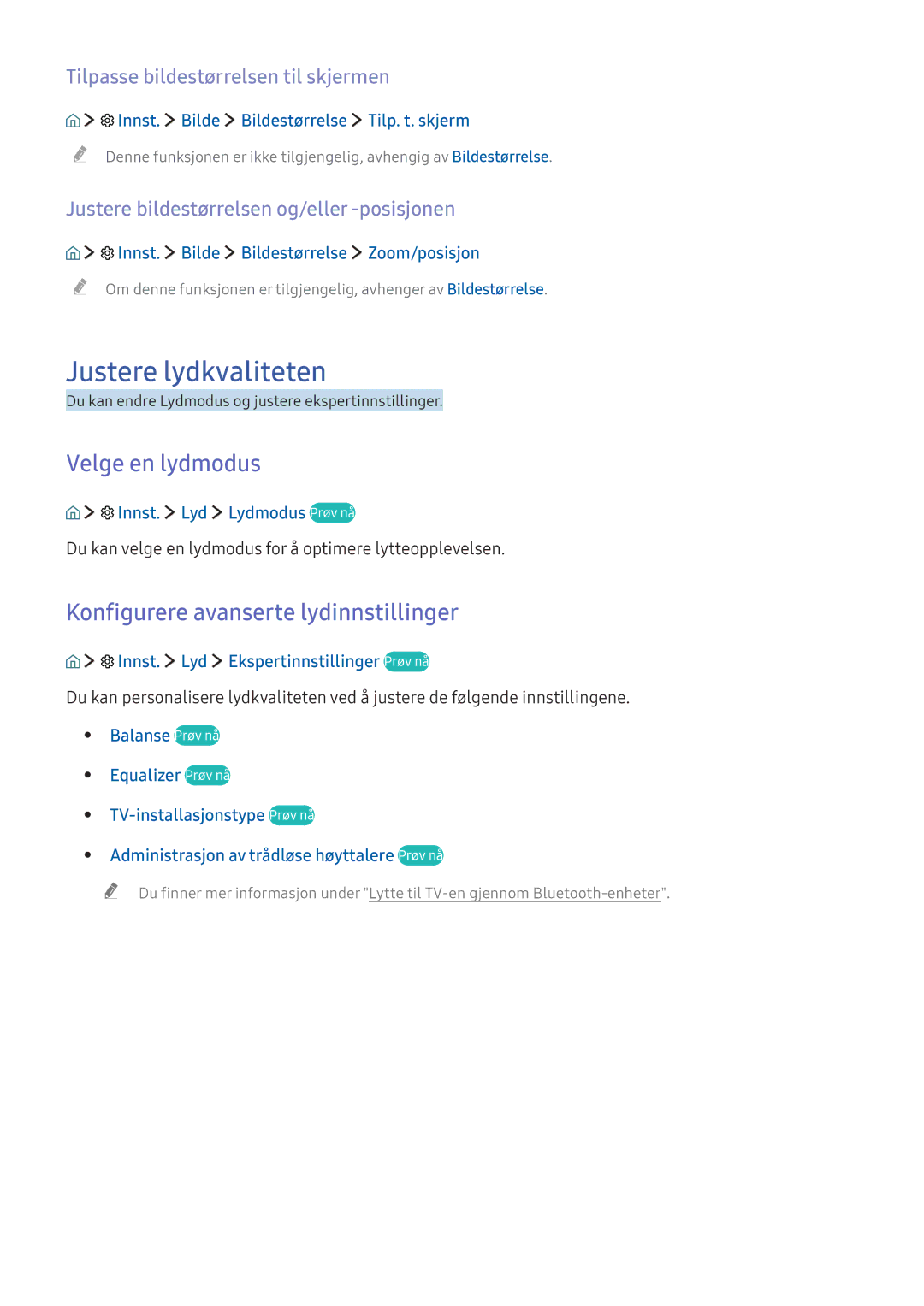 Samsung UE40K5505AKXXE, UE49K5515AKXXE Justere lydkvaliteten, Velge en lydmodus, Konfigurere avanserte lydinnstillinger 