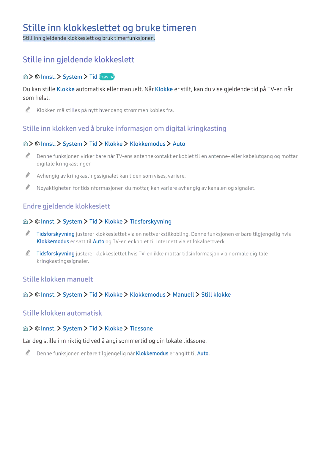 Samsung UE55K5515AKXXE Stille inn klokkeslettet og bruke timeren, Stille inn gjeldende klokkeslett, Stille klokken manuelt 